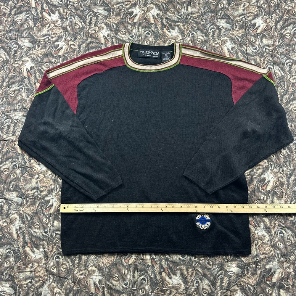 Pelle Pelle Black Sweater with Burgundy and Olive Trim